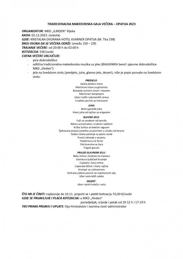 OBAVIJEST - Tradicionalna makedonska gala večer 2023
